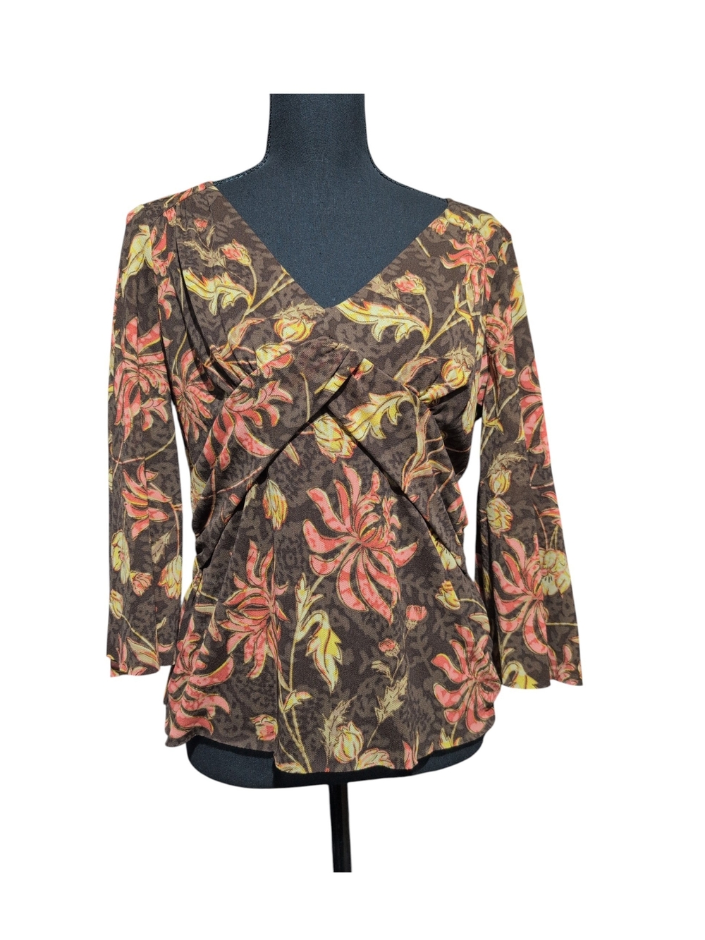 Floral V-Neck Long Sleeve Blouse Top Size L